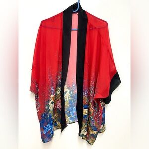 Women's Red Floral Pattern Short Kimono Cover with Black Trim Size S